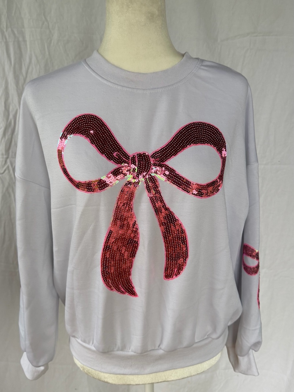 Simply Southern White Crew Sweatshirt w/Pink Sequin Coquette Bows - Small